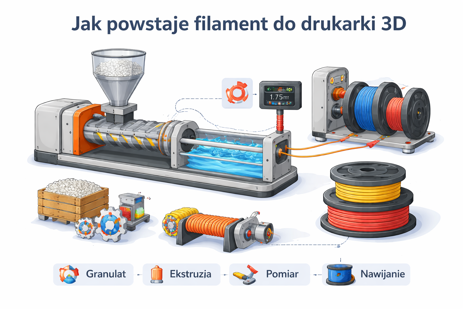 Jak powstaje filament do drukarki 3D – od granulatu do gotowej szpuli