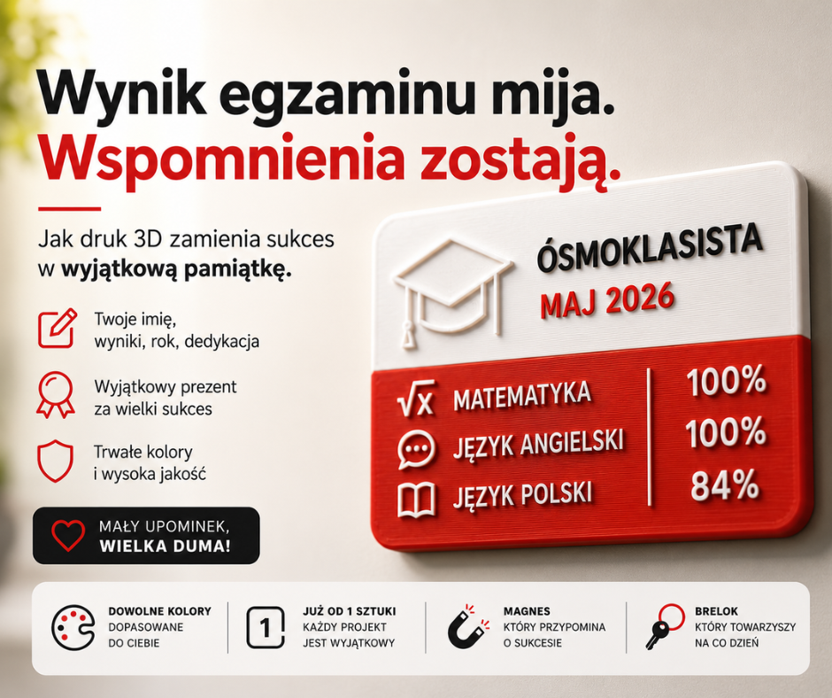 Wynik egzaminu mija. Wspomnienia zostają. Jak druk 3D zamienia sukces w wyjątkową pamiątkę.