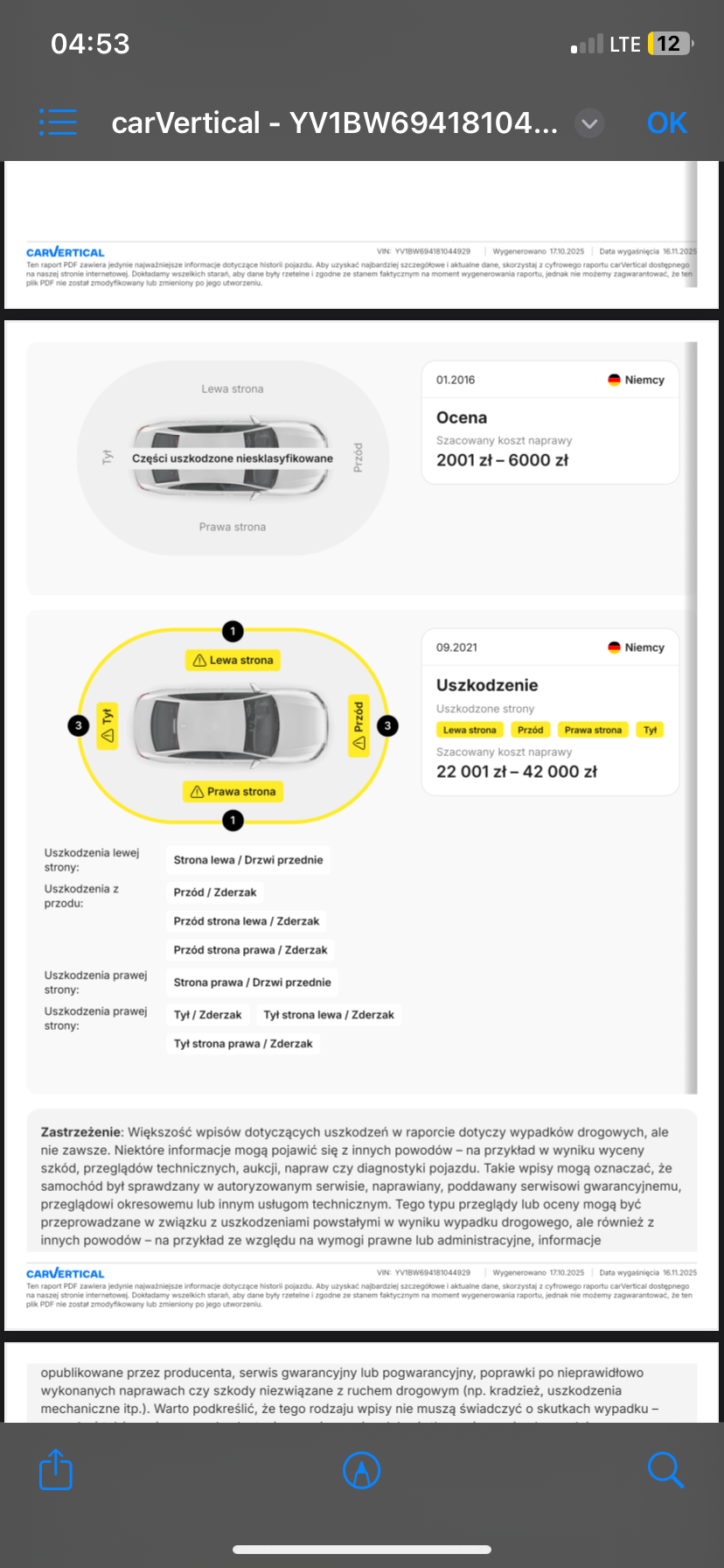 Samochód wystawiony na sprzedaż jako bezwypadkowy a przed sprowadzeniem w Niemczech 09.2021 miał szkodę ...