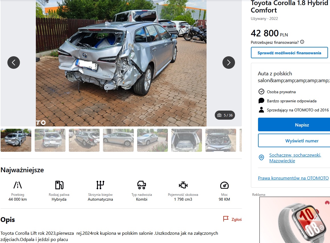 uszkodzony prawy przód + tył, poduszki OK.