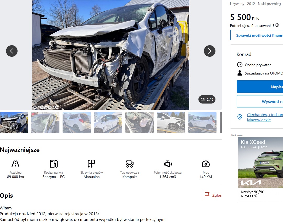 uszkodzony przód, bok + poduszki