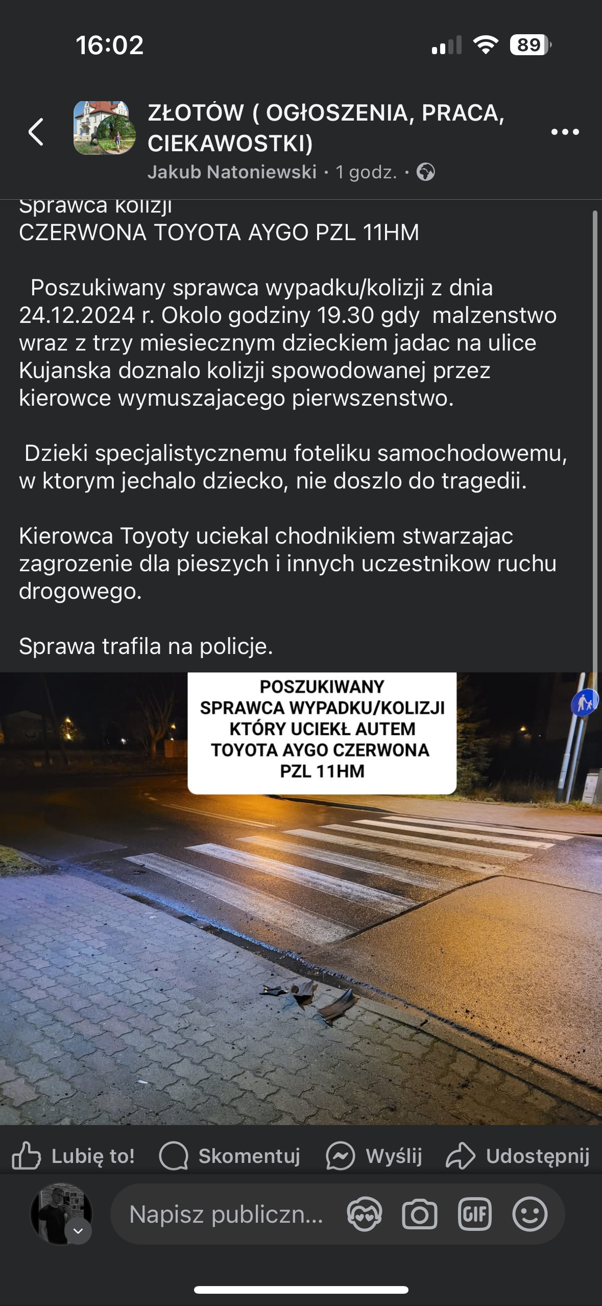 Pirat drogowy w pojeździe o numerach rejestracyjnych PZL11HM