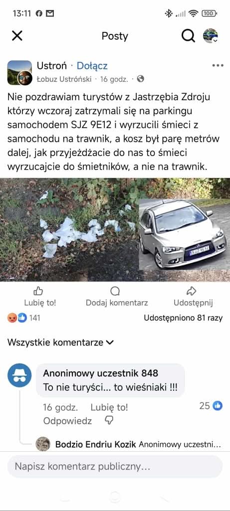Wyrzucacz śmieci w krzaki.
